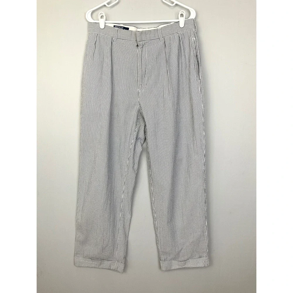 Polo Ralph Lauren 34x30 Striped Cotton Seersucker Pleated Cuffed Trousers Pans